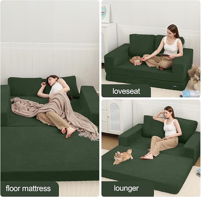 COMAX Convertible Sofa Bed Queen, Folding Fold Out Couch Bed, Floor Futon Couch Corduroy Sleeper Mattress with Back Pillows, Boneless Sofa Comfy Lounge Loveseat for Living Room Bedroom, Green