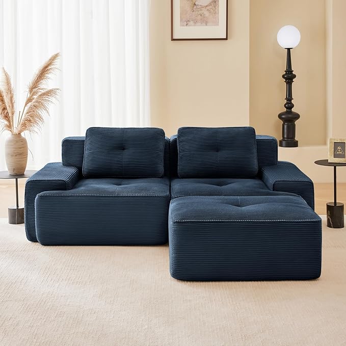 80" Modern Compressed Boneless Love Seat Couches with 1 Ottoman, 2 Seater Large Sectional Couches for Living Room, Blue Corduroy Cloud Modular Sectional Sofa, Memory Foam, Deep Loveseat, No Assembly