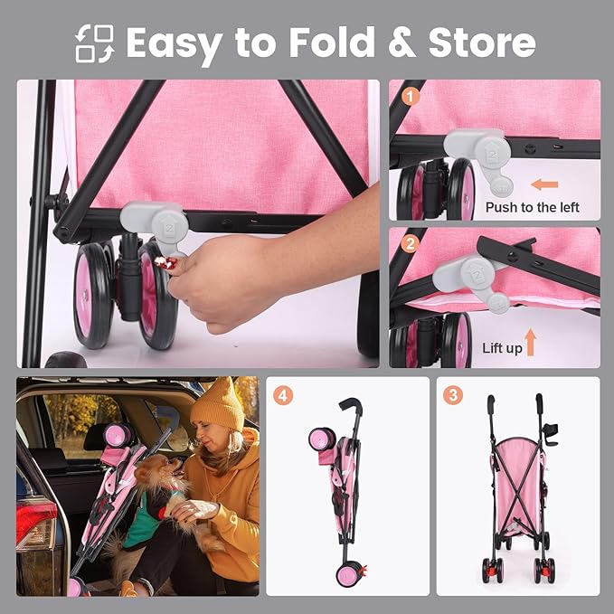 Umbrella Dog Stroller, Foldable Pet Stroller for Small Dogs Cats, 4 Wheels Pet Strolling Cart with Carrying Strap and Cup Holder, Breathable and Visible Mesh, Dog Poop Bags & Dispenser (Pink)