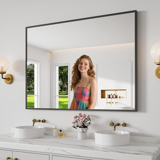 Bathroom Mirror 36"x48" Matte Black Rectangle Bathroom Wall Mirror for Over Sink, Modern Large Vanity Mirror, HD Tempered Glass, Anti-Rust Aluminum Alloy Frame, for Living Room, Bedroom, Entryway