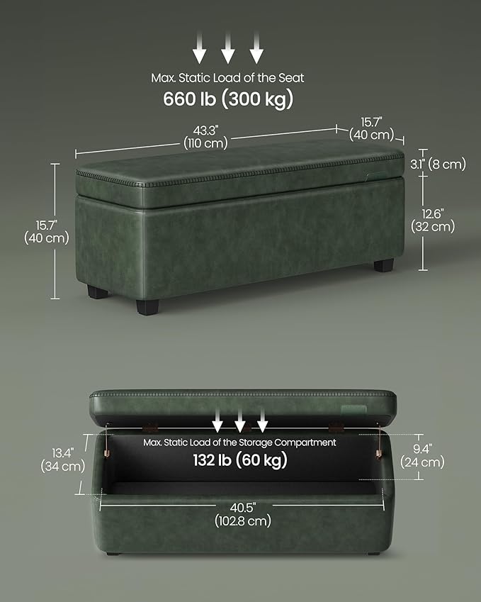 VASAGLE EKHO Collection - Storage Ottoman Bench, Entryway Bedroom Bench, 25 Gallons, Synthetic Leather with Stitching, Mid-Century Modern, Safety Hinges, Loads 660 lb, Forest Green ULOM075C01