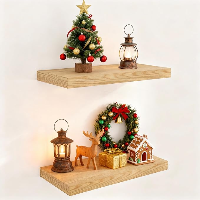 Floating Shelves 16 Inch Long, Wall-Mounted Bathroom Shelves Set of 2, 9.3 Inch Deep Shelf for Home Storage & Display, Wooden Deep Wall Shelves for Bedroom, Living Room, Kitchen, Oak Color