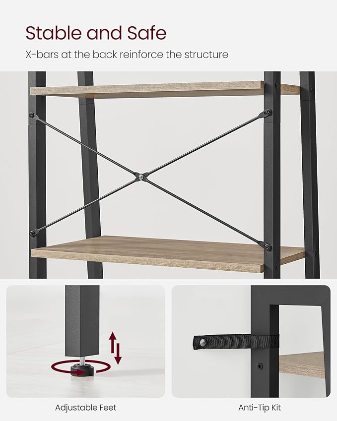 VASAGLE Ladder Shelf, 5-Tier Bookshelf, Storage Rack, Bookcase with Steel Frame, for Living Room, Home Office, Kitchen, Bedroom, Industrial Style, Camel Brown and Ink Black ULLS045B50