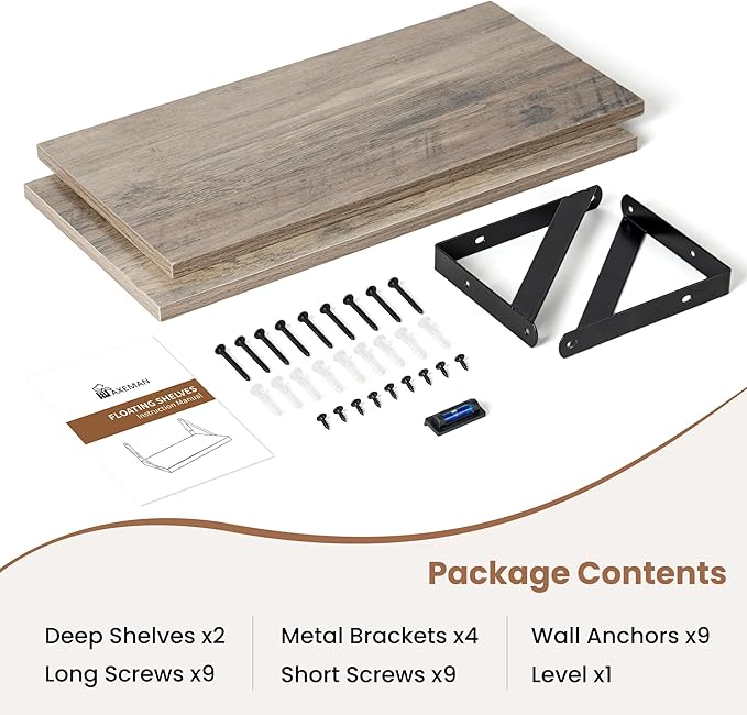 Axeman Floating Shelves for Wall, 16W x 8D Floating Shelves Set of 2, 8 Inch Deep Rustic Grey Wood Wall Mounted Shelves for Farmhouse Bookshelf Living Room Bedroom