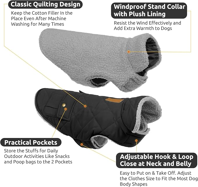 Queenmore Dog Winter Coat Warm Puffer Jacket Waterproof Plush Lining Thermal Cold Weather Vest for Small Medium Large Dogs, Windproof Easy On Pet Jacket Black S