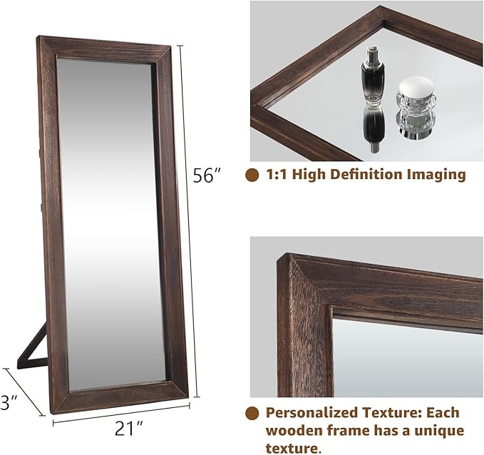 MELOMOIR Rustic Farmhouse Full Length Mirror, 56"x21" Wood Floor, Free Standing Leaning Hanging, Long for Bedroom Cloakroom, Wall Full Length, Charcoal-Grilled Brown