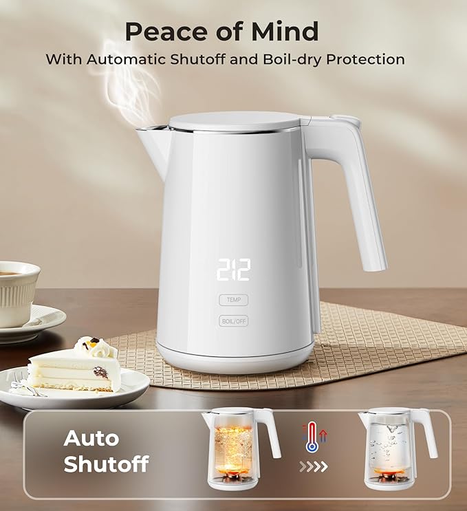 Electric Kettle, 1.0L 1200W Fast Heat with Auto Shut-Off, Boil-Dry Proof, 7 Temperature Control Teapot, Double Wall Stainless Steel Water Boiler Heater, 4H Keep Warm, Cool Touch Tea Pot, White