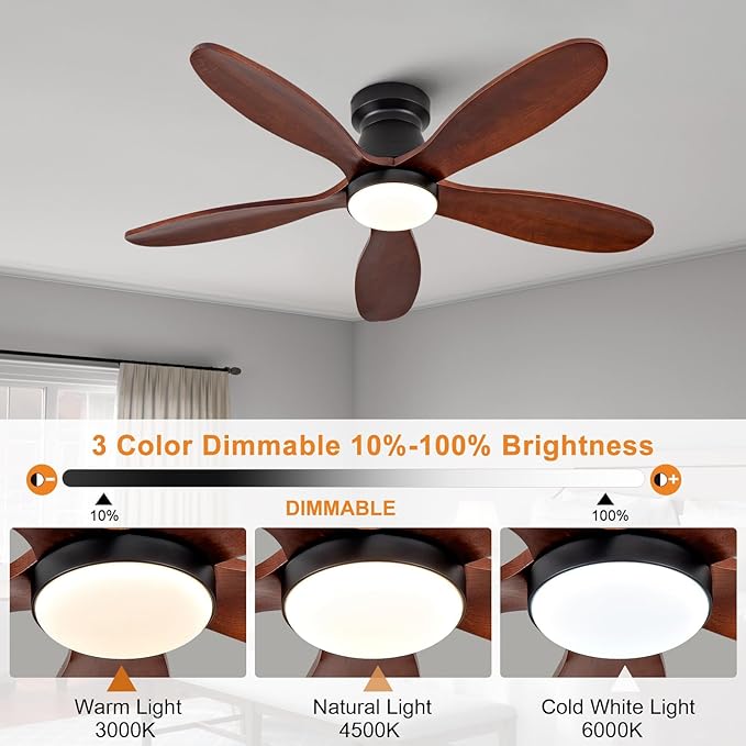 42 Inch Ceiling Fans with Lights and Remote, Low Profile Flush Mount Modern Wood Ceiling Fan with Light, 5 Blades, Wall Switch, Reversible DC Motor, Indoor Outdoor Ceiling Fan