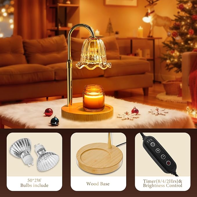 WarmEmbrace Candle Warmer Lamp with Timer Dimmable Light & Adjustable Height, Birthday Gifts for Women Mom Girl,House Warming Gift New Home Decor,Wax Melting Warmer for Jar Candles with 2 Bulbs/Gold