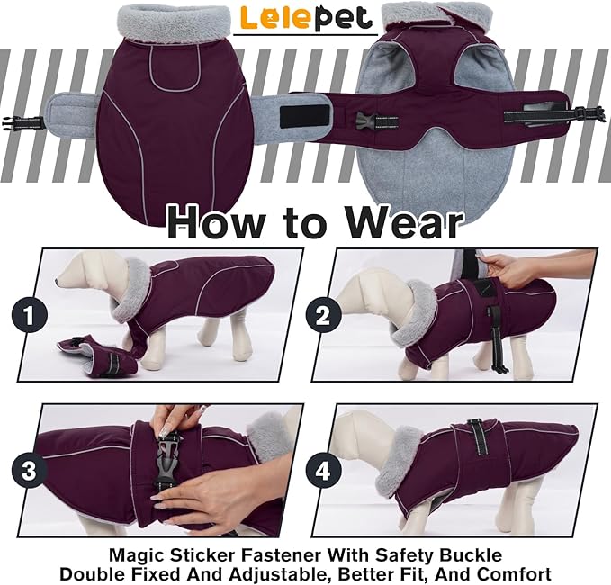 Lelepet Warm Dog Coat Reflective Fleece Vest Waterproof Dog Jacket with Adjustable Buckle Hook & Loop Windproof Cold Weather Coats for Small Medium Large Dogs, Dark Purple, M