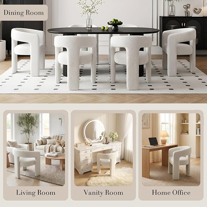 Modern Sherpa Dining Chairs Set of 6, Upholstered Barrel Chairs with Arms Comfy Accent Side Chairs for Living Room/Dining Room/Reception, White