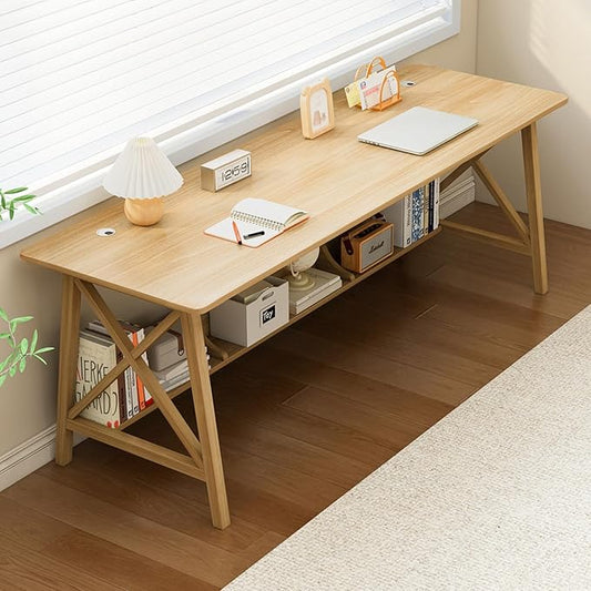 Extra Long Desk with Bookshelf - Wooden Home Office Work Study Table, 2-Person Writing Computer Workstation with Storage Shelf in Oak, 71" Wx24 Dx30 H