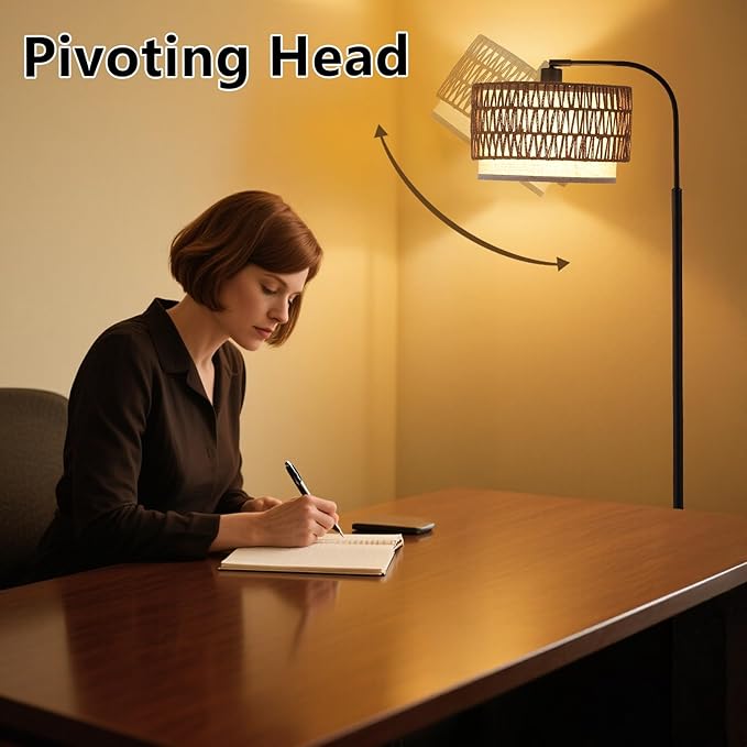 Arc Floor Lamp for Living Room，Boho Standing Lamp with Rattan & Fabric Shades,Farmhouse Floor Lamps with Foot Switch，Adjustable Tall Lamp for Bedroom, Office,LED Bulb Included