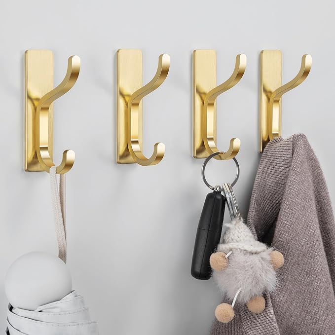 pickpiff Adhesive Wall Coat Hooks - Heavy Duty Stick-On Door Hanger, Metal Hook for Hanging Towel,Purse, Robe, Backpack, Jacket, Clothes - for Bathroom,Dorm, Closet, Kitchen - Gold, 4 Pack