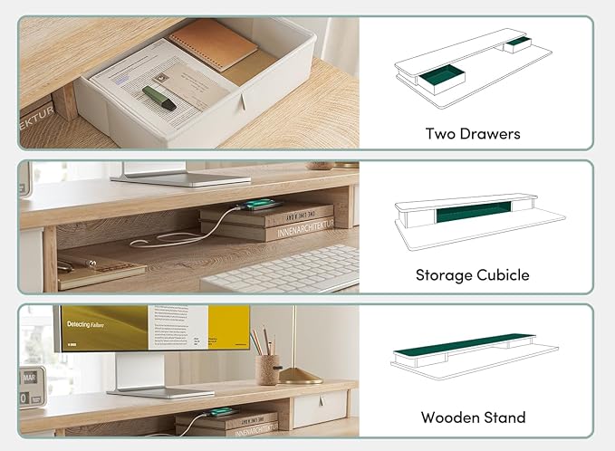 FEZIBO 63 x 28 Inch Deeper Height Adjustable Electric Standing Desk with Double Drawers, Sit Stand Up, Home Office Computer Desk with 4 Height-Adjustable Feets & 2 Hooks, White Frame/Maple Top