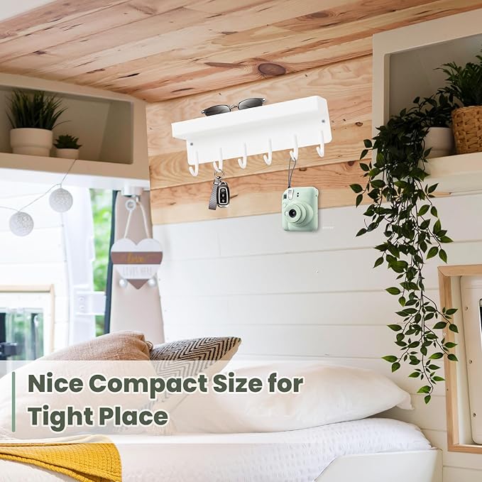 Magnetic Key Holder Wall Mount, Small Metal Key Rack with Tray, 9.6 Inch, 6 Hooks, 2 Installation Options, White