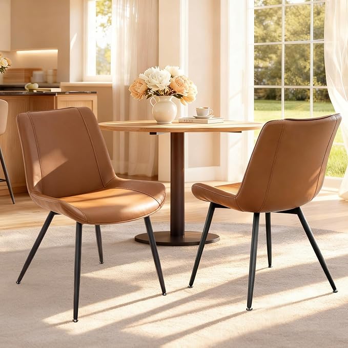 Brage Living Dining Chairs Set of 2, PU Leather Modern Armless Kitchen Dining Room Chairs, Upholstered Accent Side Chairs with Metal Legs (Brown)