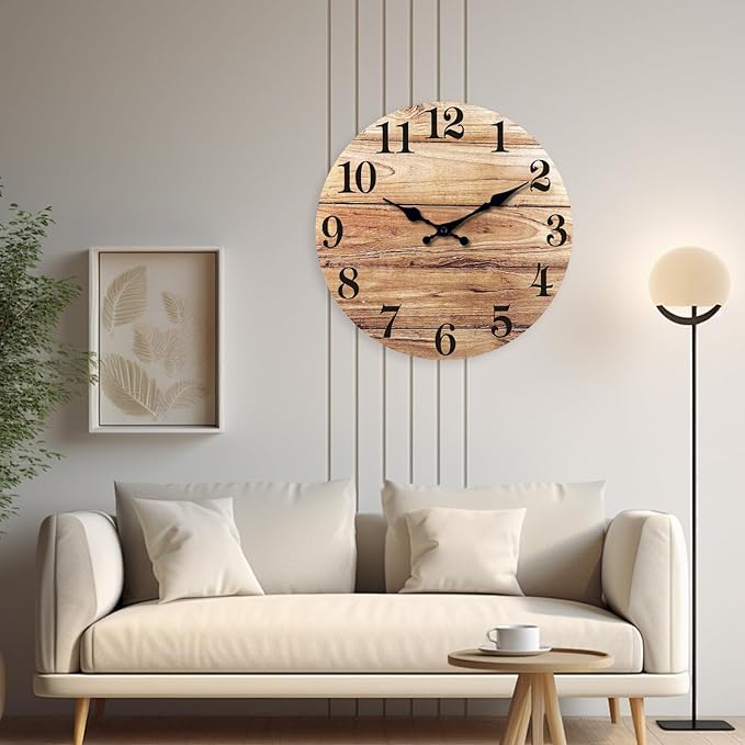 XNM Brown Office Clock 24 Inch Wood Farmhouse Wall Clocks Battery Operated Oversized Silent Wall Clock Non Ticking(MDF No Solid Wood)