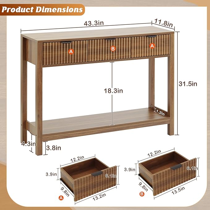 Fluted Console Table, Wooden Sofa Table with Storage and Drawers, Farmhouse Behind Couch Table Entryway Table for Entrance, Hallway, Living Room, Brown