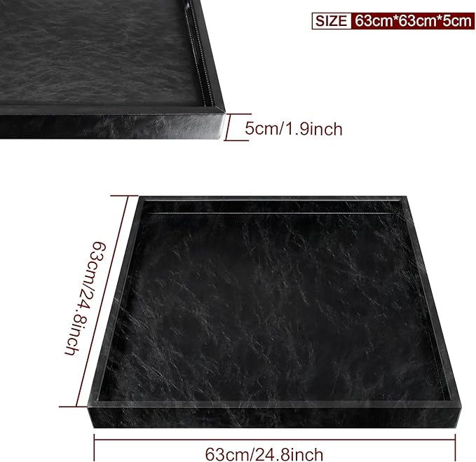 25 * 25 inches Leather Rectangle Serving Tray with Hole Handles,High-End Light Large Service Tray for Ottoman Tray, Tea, Food, Butler - Countertop, Kitchen,Family Dinner, Picnic (Black)