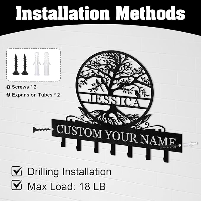 Personalized Metal Key Holder Wall Mount, Custom Name Tree of Life Key Holder for Wall, Key Organizer Rack with Hooks, Home Decor for Living Room Entryway Bathroom Kitchen, Housewarming Gifts Color04