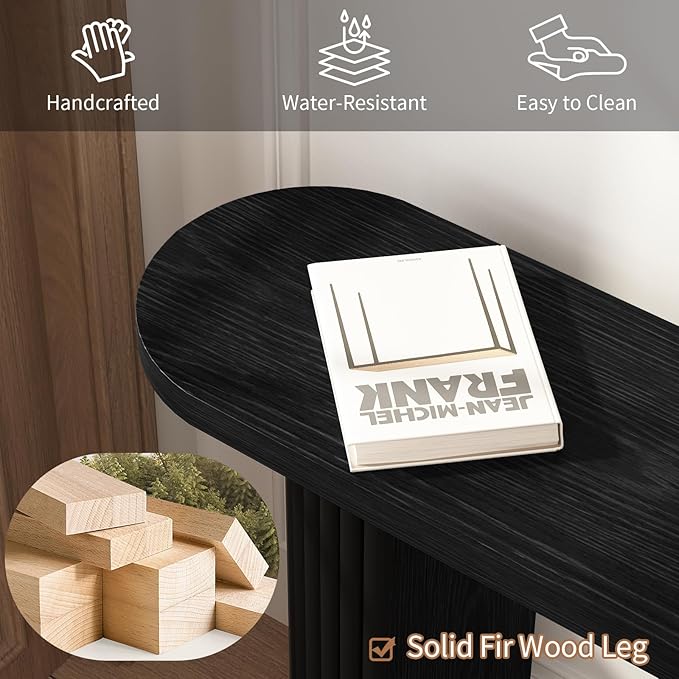 55" Fluted Console Table with Solid Wood Legs, Long Farmhouse Entryway Table with Rounded Corners, Morden Sofa Tables Behind Couch for Foyer, Entrance, Living Room, Hallway, Black