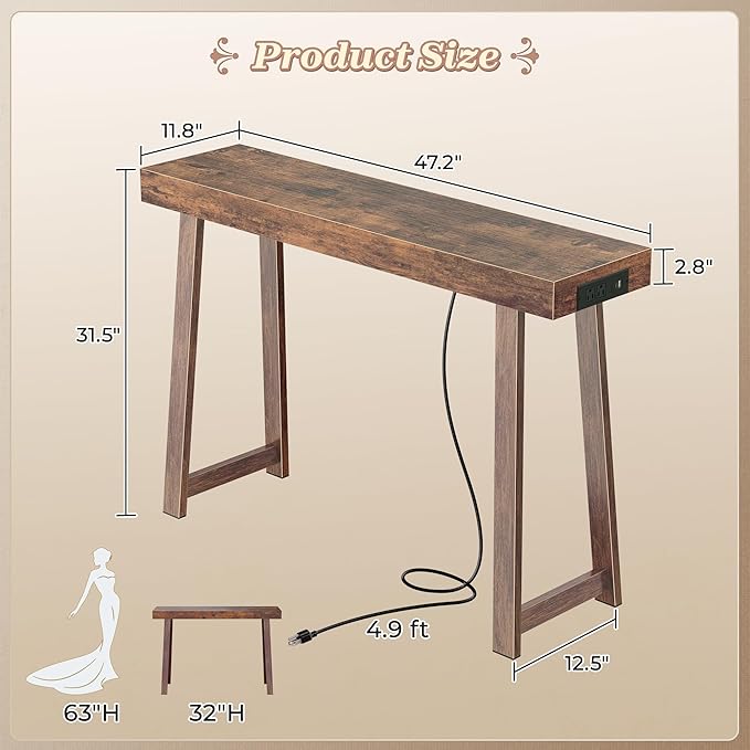 Huuger Entryway Console Table with Charging Station, USB-C Port, 47.2 Inch Sofa Table with Metal Legs, Entry Hallway Table with Thicker Desktop, Modern Behind Couch Table, Rustic Brown