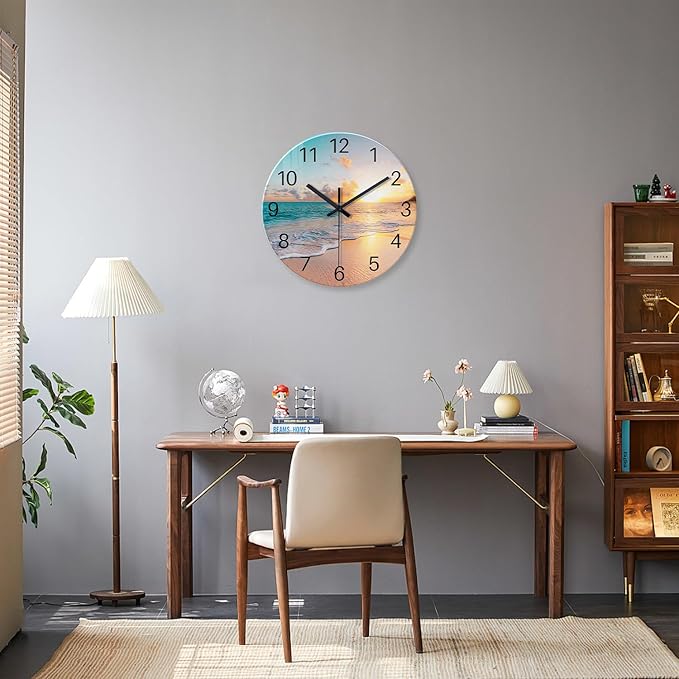 Blue Wall Clock Silent Glass Beach Wall Clock for Living Room Large Wall Clocks Battery Operated 20 Inch