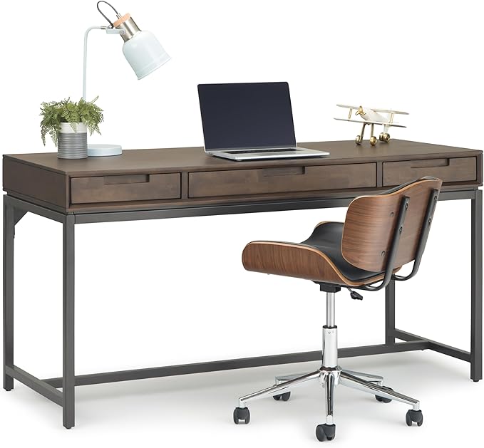 SIMPLIHOME Banting Desk - 60 Inch Wide Solid Hardwood and Metal Writing Desk in Walnut Brown, Modern Industrial Home Office Computer Table for Study with 2 Drawers and Flip-Down Keyboard Tray