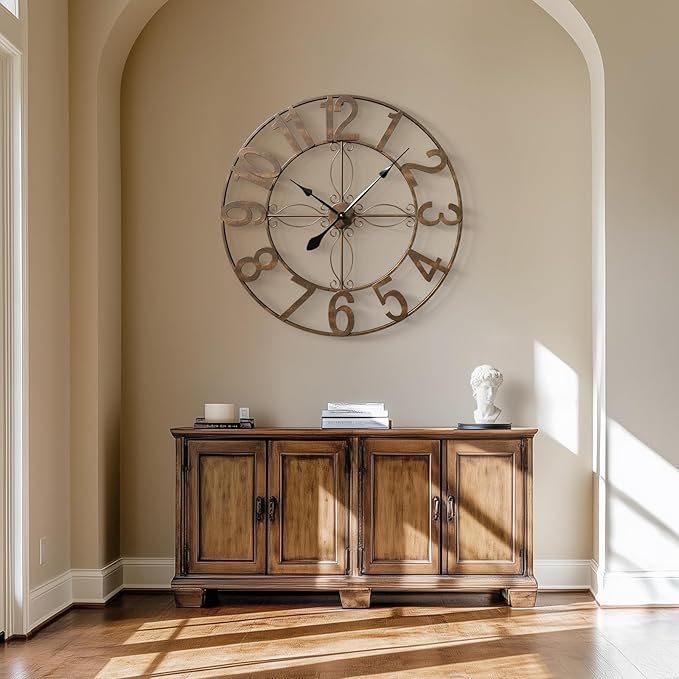 Cuspin Large Retro Rustic Bronze 36 Inch Silent Non-Ticking Battery Operated Metal Round Arabic Numerals Analog Wall Clock for Living Room, Kitchen, Office, Bedroom, Dining Room