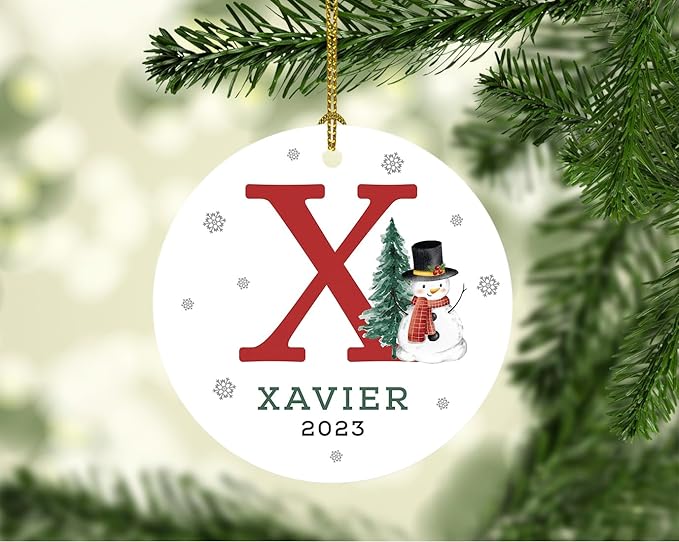 Andaz Press Personalized Ornament, Custom Name, Initial X Monogram Snowman 2.8" Ceramic Porcelain 2025 Christmas Ornament Keepsake for Kids, Boys, Girls, Includes Gold Ribbon & Gift Box, 1-Pack
