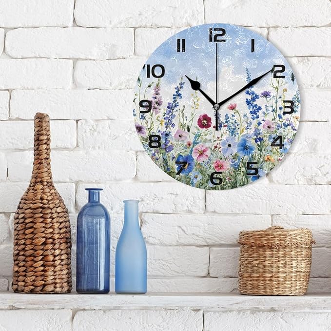 Bolaz Wall Clocks Decorative Bedroom Silent Living Room Desktop Flowers Blue Watercolor Tabletop Shelf Clocks Round Battery Operated 10 Inch Non-Ticking