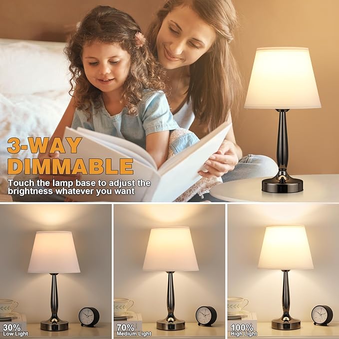 Kakanuo Touch Bedside Lamp for Bedroom with USB C Port, Small Touch Table Lamp with 2 USB Charging Ports, 3 Way Dimmable Nightstand Lamp for Living Room and Office - White (LED Bulb Included)