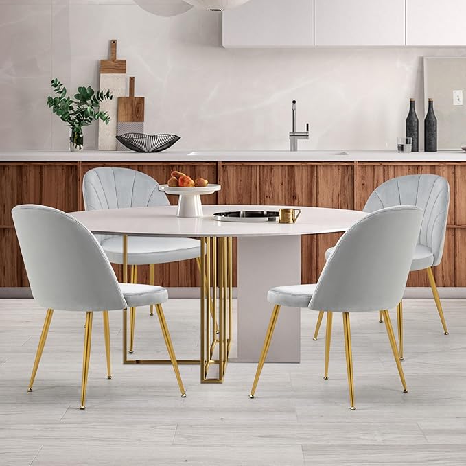 Velvet Dining Chairs Set of 4, Upholstered Mid Century Modern Dining Chairs, Armless Accent Chair with Metal Gold Legs for Living Room, Kitchen, Dining Room, Grey