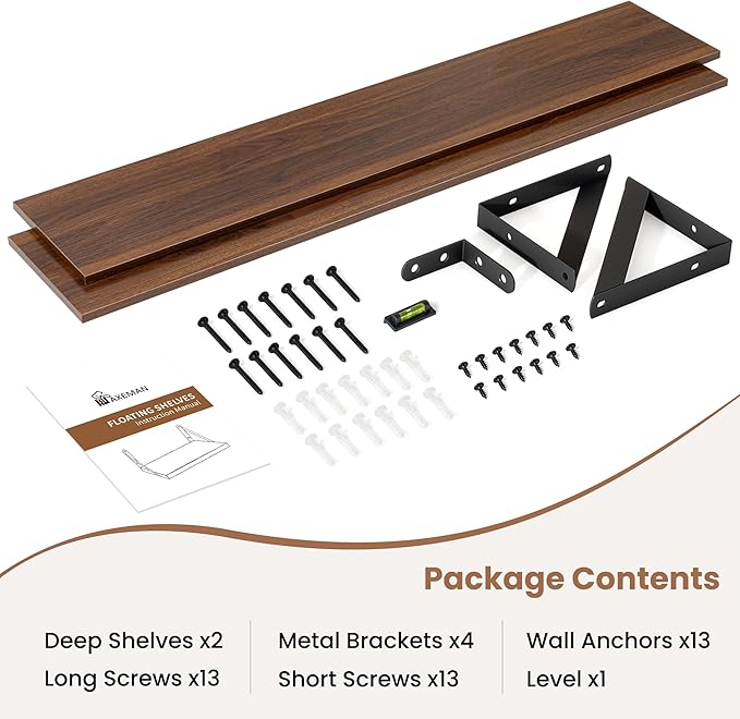 Axeman 40 Inch Floating Shelves | 8 Inch Deep Walnut Wall Shelves Set of 2 | 39.4W x 8D Rustic Wood Shelves for Bookshelf Living Room Bedroom Home Office Bathroom