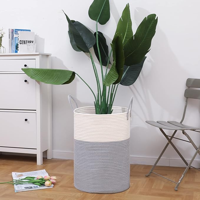 VIPOSCO Large Laundry Hamper, Tall Woven Rope Storage Basket for Blanket, Toys, Dirty Clothes in Living Room, Bathroom, Bedroom - 72L Grey & White