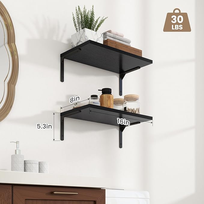 Fun Memories Deep Floating Shelves, 16W x 8D Floating Shelves Set of 2, Wall Mounted Shelf with Metal Brackets, Rustic Wood Wall Shelf for Bathroom, Kitchen and Living Room, Black