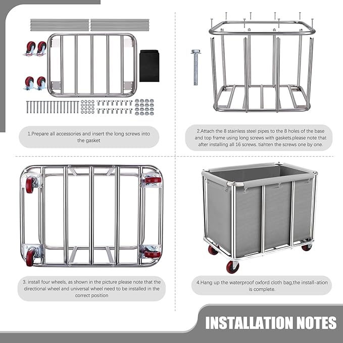 Commercial Laundry Cart on Wheels, 11.35 Bushels Large Laundry Roller, Heavy Duty Stainless Steel, Gray-10