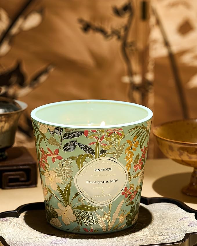 M&SENSE Eucalyptus Mint Scented Candle, 28.2oz 3 Wick Natural Soy Wax Large Candles, Long Lasting Clean Slow Burning No Toxic Décor for Home Relaxation, Romantic Dates Gift-Giving