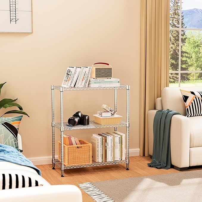 750 lbs 3 Tier Storage Rack Metal Wire Shelving Unit, Storage Standing Shelf Organizer for Laundry Bathroom Kitchen Pantry Closet Garage Basement Utility Room, Chrome 13.8" D x 29.5" W x 35.5" H