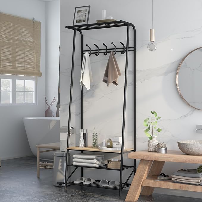 MDF Hall Tree with Bench, 4-in-1 Entryway Coat Rack with Storage Shelf & Shoe Organizer, Sturdy Freestanding Furniture for Living Room, Bedroom, Mudroom