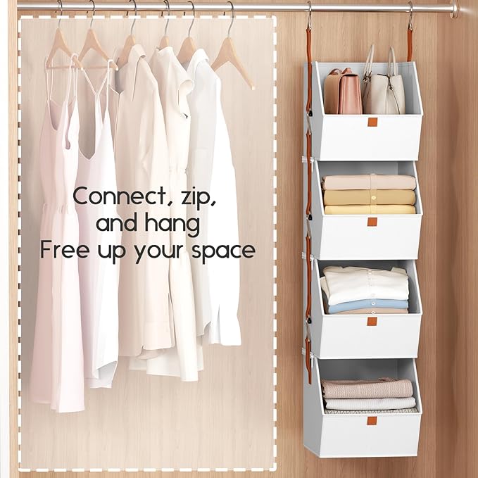 Hanging Closet Organizer 4 Tier - Clothes Hanging Shelves, Space-Saving Closet System, Fabric Storage Bins Bedroom Organization, Collapsible Baskets for Home, Dorm, Rv, White