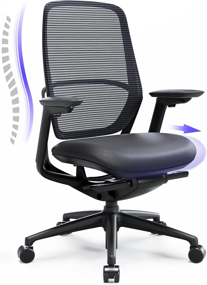 COLAMY Ergonomic Office Chair with Adjustable Seat Depth, 4D Armrests, Lumbar Support, Breathable Mesh Back, Leather Seat Cushion, and Recline Lock – Ideal Executive Desk Chair for Professionals