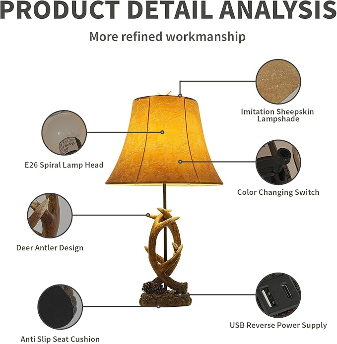 Rustic Western Antler Lamp Set of 2-22.9" Farmhouse Table Lamp with 2 USB Ports, Rustic Nightstand Lamp for Home Room Decor Living Room Bedroom