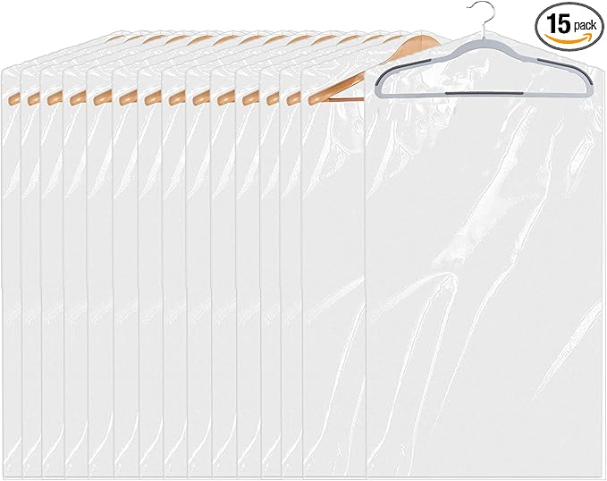 15 Pack (24 x 40 In) Plastic Clear Clothes Covers,Dry Cleaners Bags Hanging Clothing Covers Clear Garment Bags Hanging Dust-proof Clothing Protector Covers for Home Storage Clothing Stores & Travel.