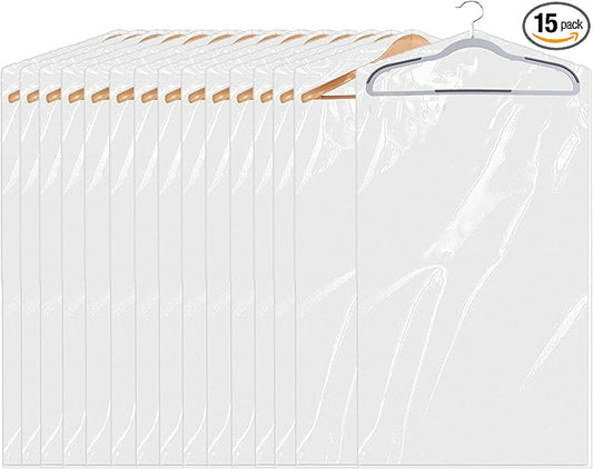 15 Pack (24 x 40 In) Plastic Clear Clothes Covers,Dry Cleaners Bags Hanging Clothing Covers Clear Garment Bags Hanging Dust-proof Clothing Protector Covers for Home Storage Clothing Stores & Travel.