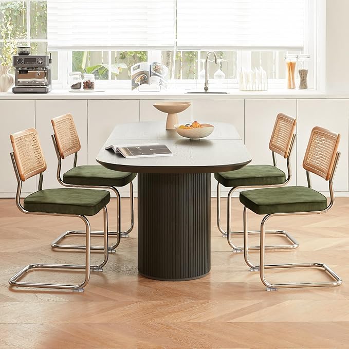 Green Rattan Dining Chairs Set of 2, Wooden Mid-Century Modern Kitchen Chairs, Mesh Back Cane Dining Room Chairs, Cesca Chair with Metal Chrome Legs