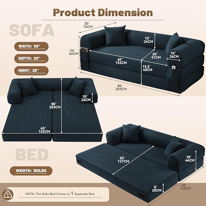 80" Convertible Sofa Bed,Folding Pull Out Couch with Pillows & Storage Pocket,Modular Corduroy Queen Sleeper Sofa in a Box,No Assembly Boneless Couch for Living Room,Navy Blue