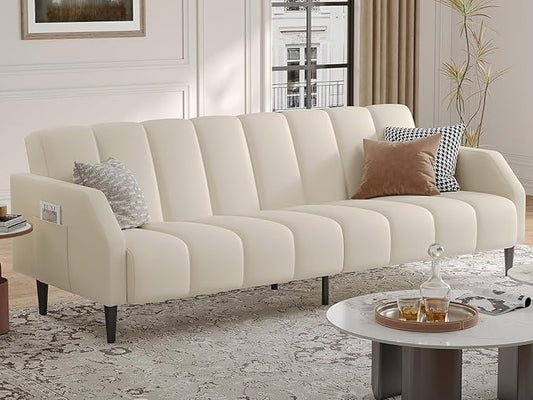 Fadware Faux Leather Couch, Convertible Futon Sofa Bed with Adjustable Backrest, Mid Century Leather Sofa Loveseat with Side Pockets& Metal Leg, Modern Leather Sleeper Sofa for Living Room Bedroom