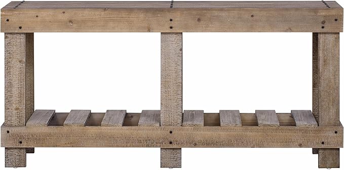 62.9" Vintage Entryway Table - Solid Cedar Wood with Natural Grain, 6 Reinforced Legs & 4.5" Thick Desktop, Metal Rivet Decor & Plank Under-Shelf, Console Table for Hallway, Living Room (Natural)